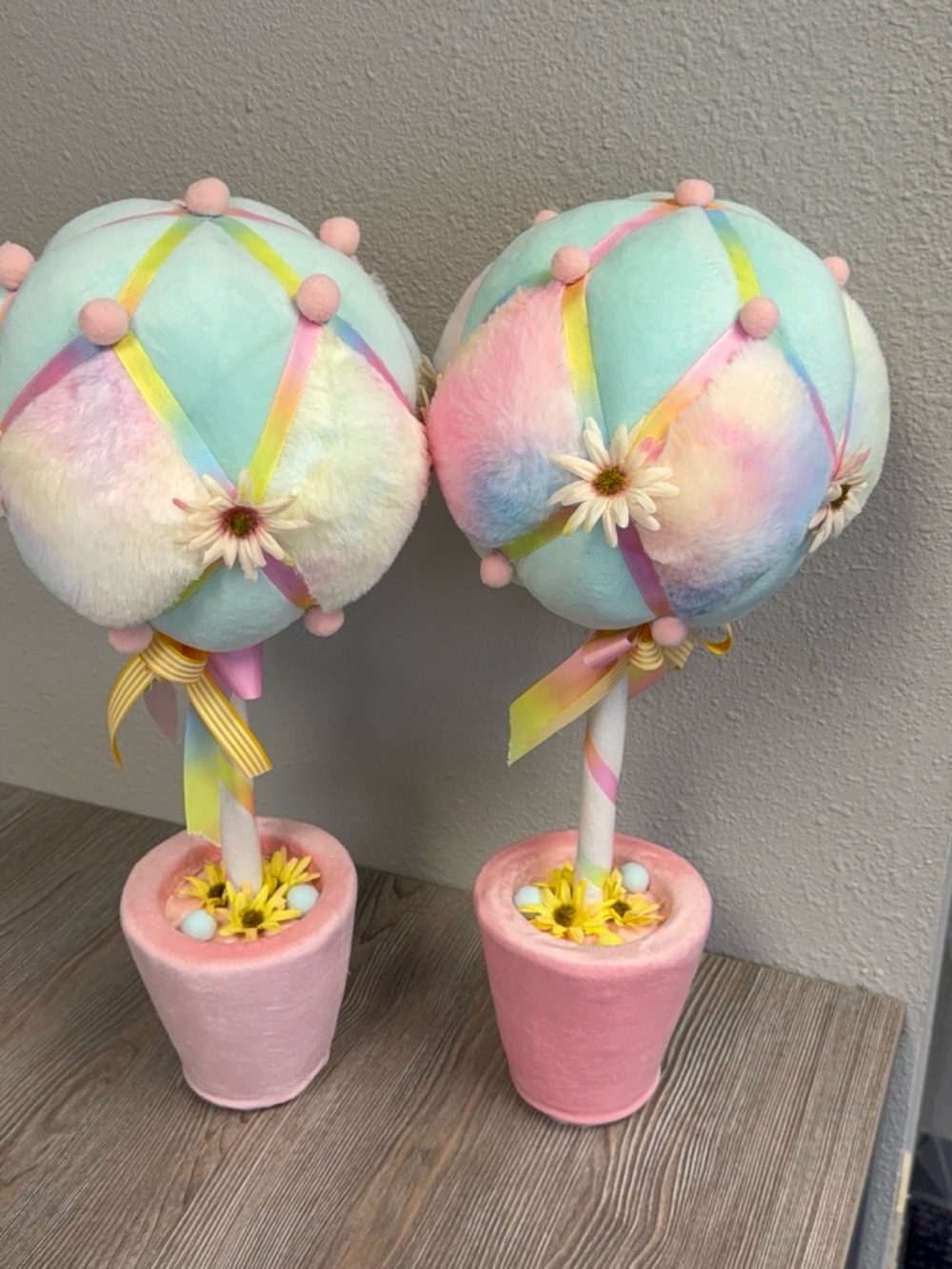 Pastel Rainbow Topiary Pair - Soft Pink & Mint Decorative Trees Set of 2